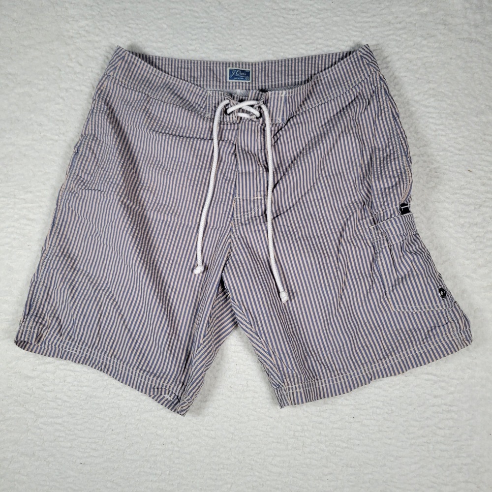 J.Crew Board Shorts Mens Size 35 Blue Striped Seersucker Mesh Lined Swim Trunks